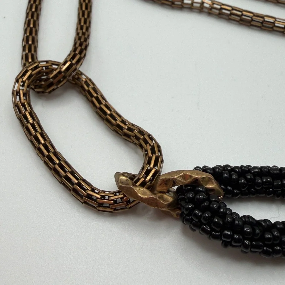 Chicos Womens Antique Gold Mesh and Black Seed Bead‎ Adjustable Chain Belt